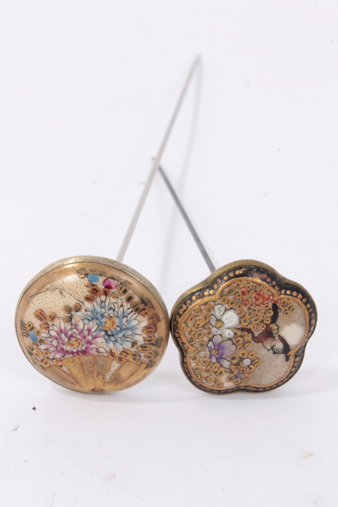 Two Late 19th century Japanese Satsuma plaque mounted hatpins finely painted with birds and flora