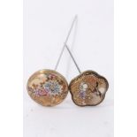 Two Late 19th century Japanese Satsuma plaque mounted hatpins finely painted with birds and flora