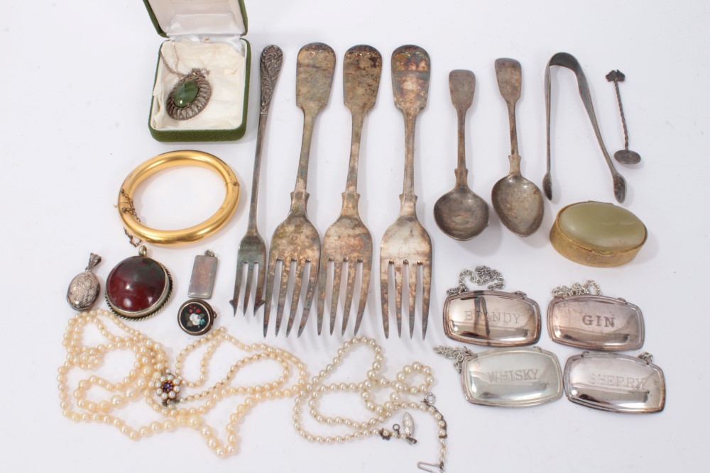 Group of costume jewellery together with two silver teaspoons