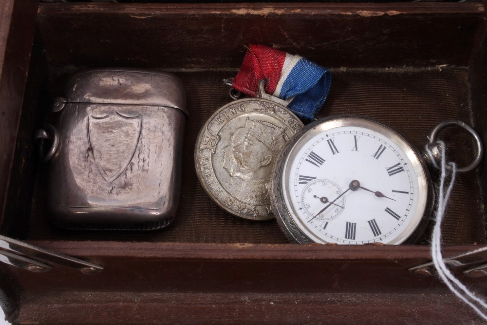 Leather jewellery box containing silver pocket watch, silver vesta case, paste set bracelet, gold - Image 2 of 5