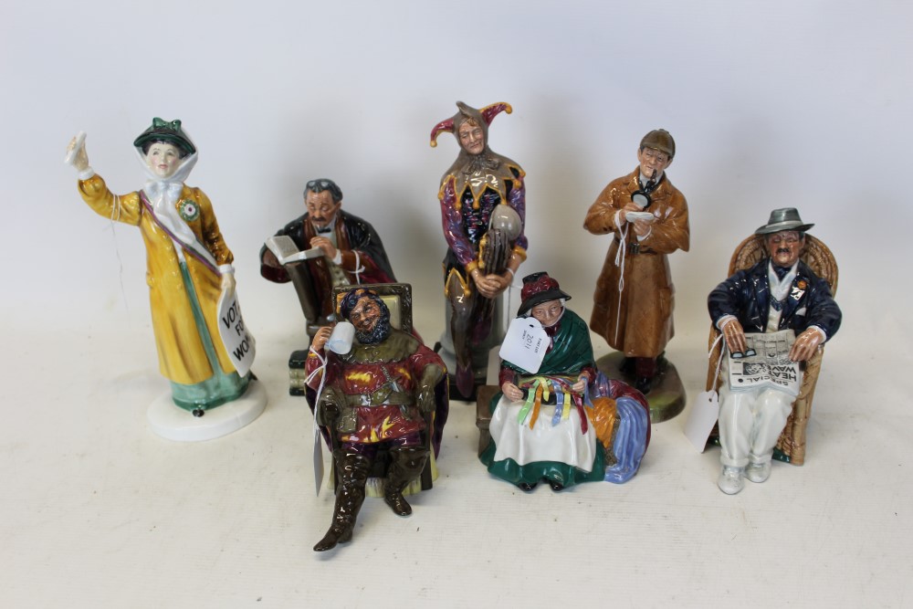 Seven Royal Doulton figures- The Jester HN2016, Taking Things Easy HN2677, The Professor HN2281,