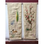 Pair 1950s hand embroidered wall hangings, one depicting a deer in landscape, the other a cherry