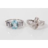 White gold (9ct) diamond set bow ring and white gold (9ct) aquamarine ring (2)