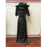 Victorian mourning black satin boned bodice and matching skirt with sequin and velvet applied