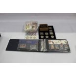 Stamps selection of Presentation Packs housed in albums, First Day Covers plus a selection of coins