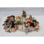 Selection of dolls and soft toys, including miniature china and other doll house dolls, fabric