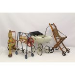 Victorian wooden folding doll's stroller, Mo Bo tin plate push-a-long horse, Tri-ang pram and