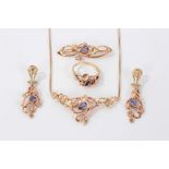 Suite of Welsh 14ct gold and tanzanite jewellery to include necklace, brooch, ring and pair of