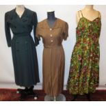 1930s/40s ladies printed silk dress, brocade evening gown with matching bolero, brown day dress and