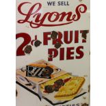 Rectangular enamel advertising sign 'We sell Lyons 2d Fruit Pies Many Varieties'
