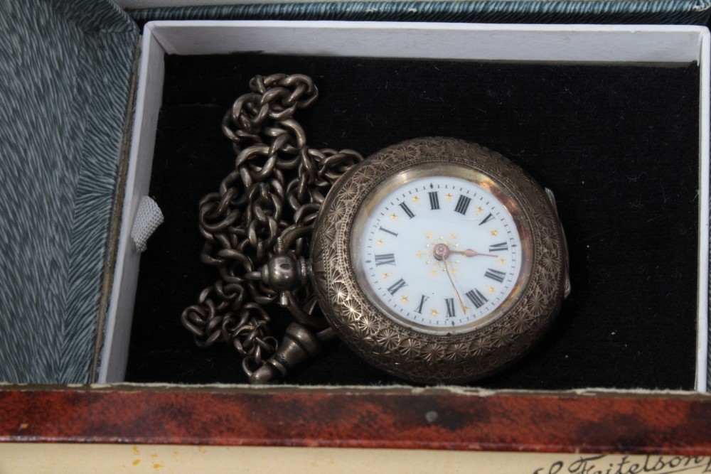 Wooden canteen case contacting costume jewellery, silver cased fob watch and chain, two vintage - Image 4 of 7