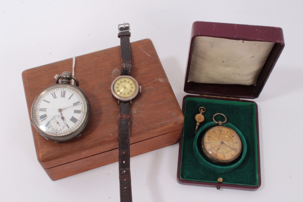 Two pocket watches and silver backed wristwatch (3)