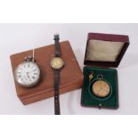 Two pocket watches and silver backed wristwatch (3)