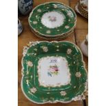 Royal Crown Derby part dessert service with gilt decoration on green ground, retailed by Phillips's