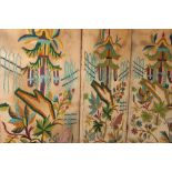 1930s Crewel work four fold screen. Embroidered using wool thread in oriental inspired design