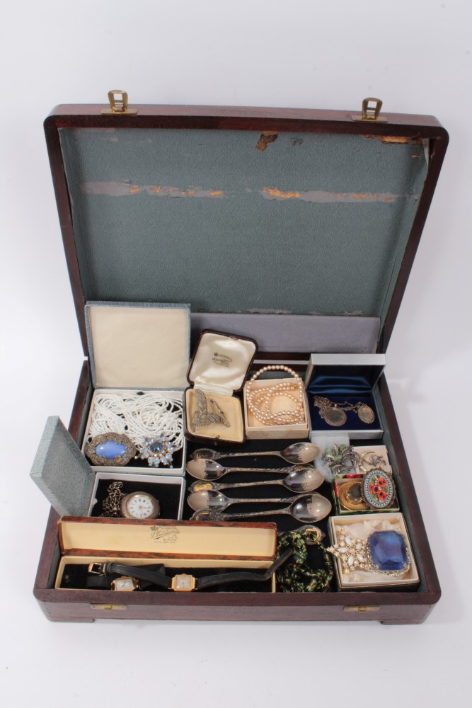 Wooden canteen case contacting costume jewellery, silver cased fob watch and chain, two vintage - Image 2 of 7