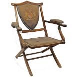 Victorian folding picnic chair with appliqué Royal coat of arms and VR cypher