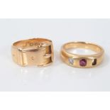 Gold (18ct) buckle ring and a yellow metal diamond and ruby ring (one stone missing)