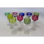 Ten various coloured Bohemian wine glasses