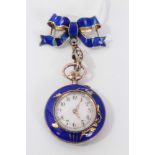 Late 19th century/early 20th century Swiss fob watch in blue enamel case with floral decoration,