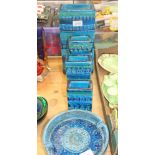 Collection of Italian Flavia blue and green glazed art pottery including four vases and a circular