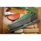 Quantity of slide rules and measures plus old boat hook