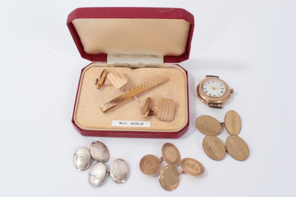 Gold (9ct) cased watch and group cufflinks