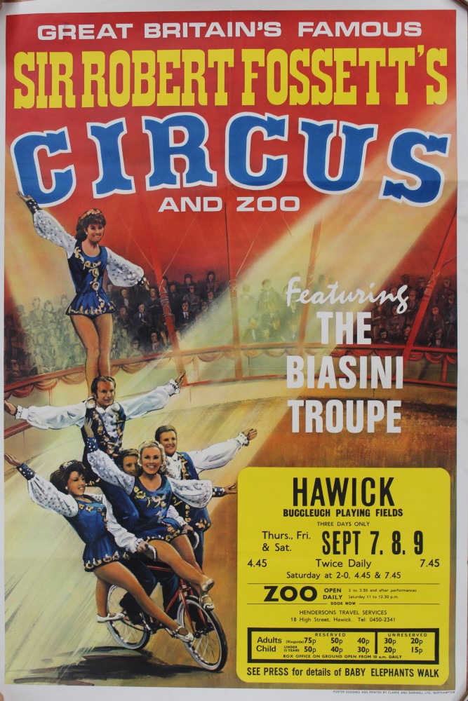 Circus Posters Sir Robert Fossett's and Zoo. Davy Crockett , The Biasini Troupe plus two others.