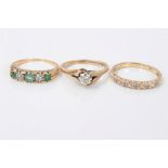 Emerald and diamond five stone ring and two 9ct gold rings