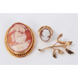 Cameo brooch in gold mount, cameo ring in gold mount and a 9ct gold mistletoe brooch.