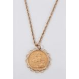 Gold sovereign pendant on chain