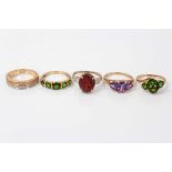 Five gold (9ct) gem set dress rings