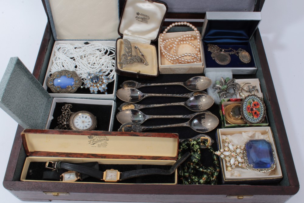 Wooden canteen case contacting costume jewellery, silver cased fob watch and chain, two vintage