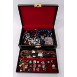 Jewellery box containing quantity of silver rings, wristwatches and other costume jewellery