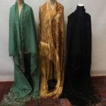 Victorian embroidered wool shawl with plaited and woven silk ribbon fringing plus a similar green