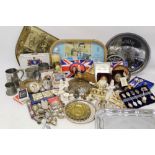 Two boxes of Royal Commemorative items, to include metalware, pens, soaps, playing cards and