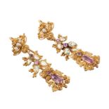 Pair of Regency gold and topaz pendant earrings with foil-backed pink topaz and pale green pear cut