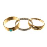 Three rings- diamond eternity ring, diamond three stone gypsy ring and a gold band with a turquoise