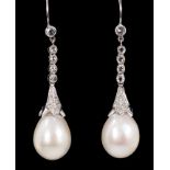 Pair of cultured pearl and diamond pendant earrings