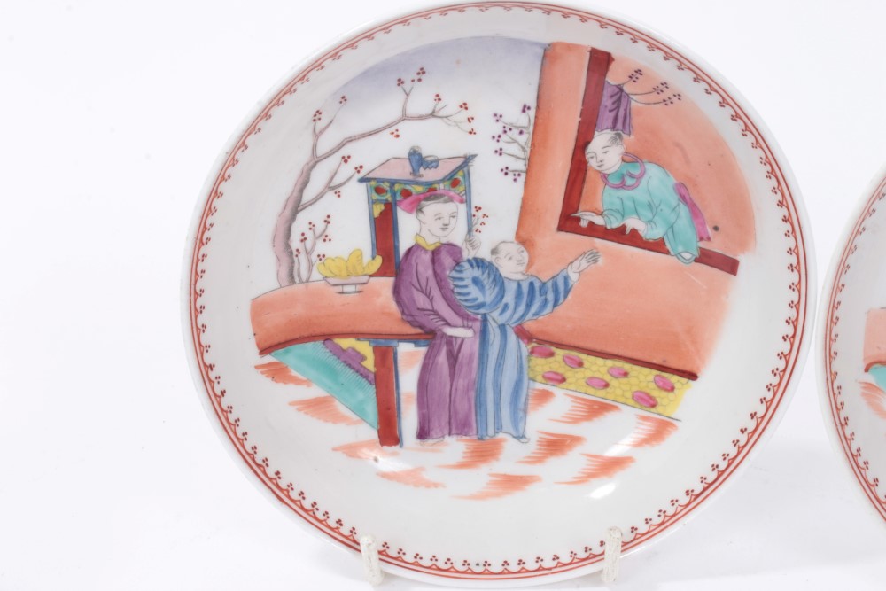 A pair of New Hall type 'Boy at the Window' pattern tea bowls and saucers, circa 1800 - Image 2 of 8