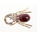 Victorian-style beetle brooch modelled as a stag beetle with a large cabochon garnet body, rose cut
