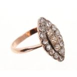 Antique Russian rose gold and diamond cluster ring with a marquise shape cluster of old cut and