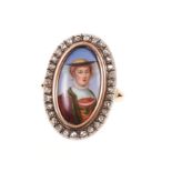 19th Century Swiss enamel and diamond dress ring with a portrait of a young lady in the costume of