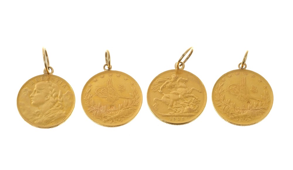 George V gold Full Sovereign 1923 with pendant fitting and three other gold coin pendants.