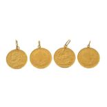 George V gold Full Sovereign 1923 with pendant fitting and three other gold coin pendants.