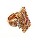 Eastern gold dress ring, the rectangular plaque with a central cabochon ruby and single cut