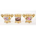 Fine early 19th centuiry Derby cachepot painted wih exotic birds, together with another pair