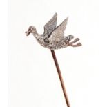 Victorian style novelty stick pin, modelled as a flying duck with silver body and rose cut diamonds,
