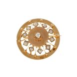 Late 19th Century French rose gold circular target brooch with openwork border of seed pearls. 26mm