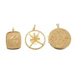 9ct gold circular locket, 9ct gold Pegasus pendant and a yellow metal Gurkha pendant (3)